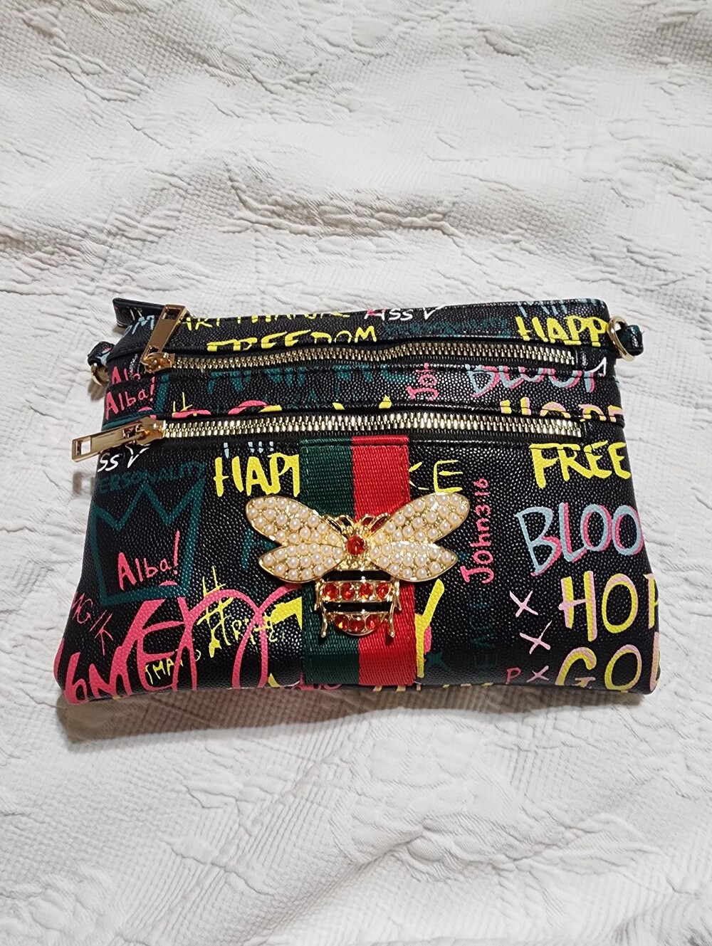 Alba Black & Multi Color Graffiti Bee Faux Leather Clutch Crossbody / Wristlet - Picture 2 of 8